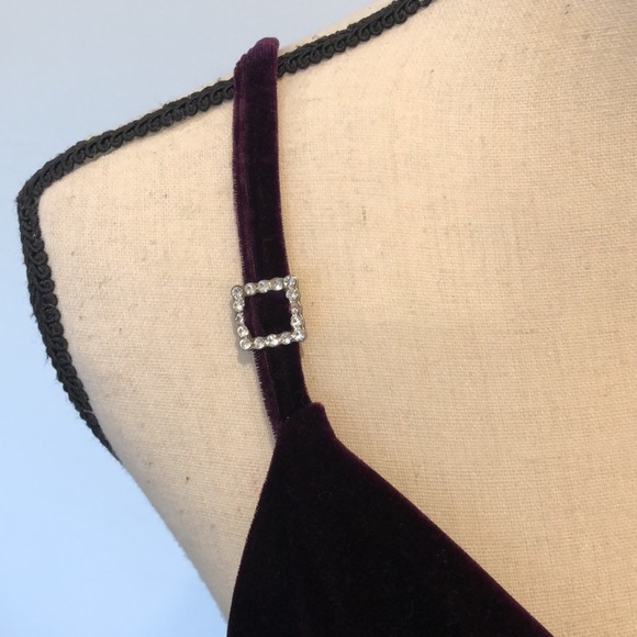 la vie en rose velvet dress burgundy purple mini with faux diamond strap SZ S - Picture 2 of 9